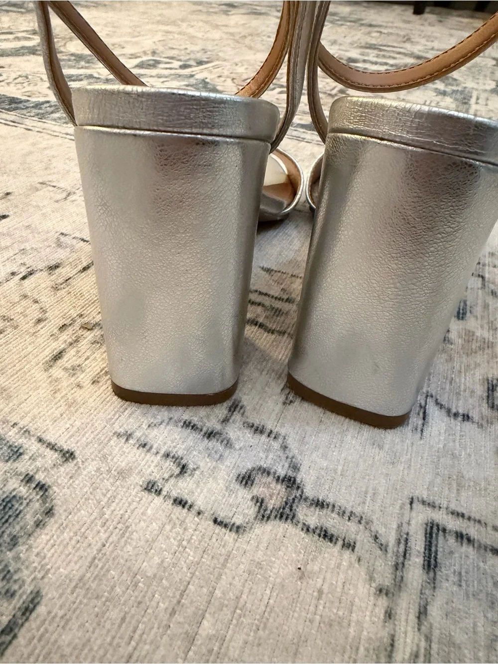 Metallic Silver Block Heel Sandals with Ankle Strap - Picture 2 of 4